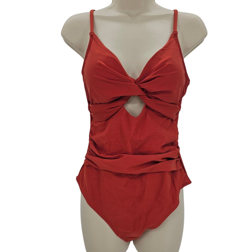 Cupshe Womans size M Twist Front Cutout Ruched One Piece Swimsuit Orange NEW